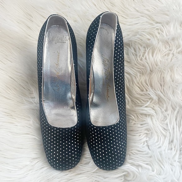 Saks Fifth Avenue Safinia Vintage 50s Black Silver Polka Dot Heels Size 8.5 - Picture 13 of 13